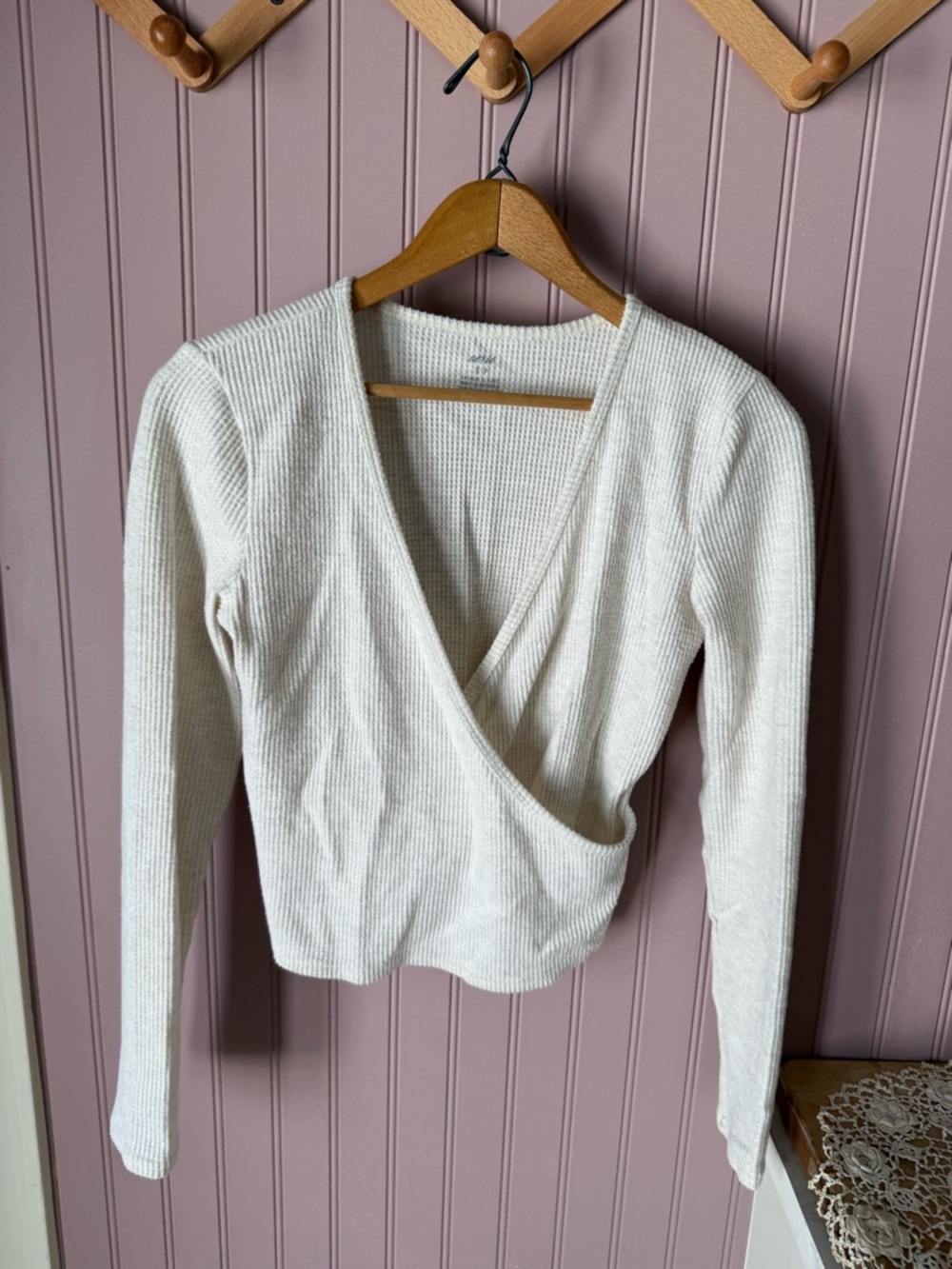 Aerie Cream Ribbed Wrap-Front Top small